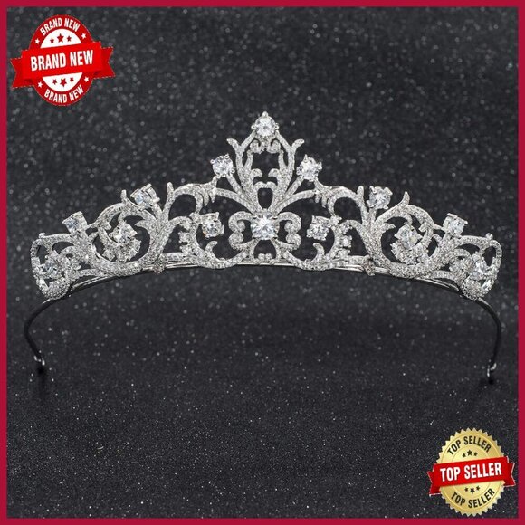 Platinum Plated Copper Wedding Tiara with Cubic Zirconia Crystals main image 6